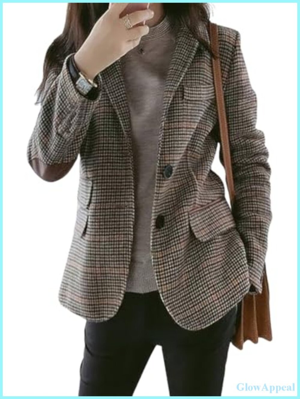 Womens Notch Lapel Single Breasted Boyfriend Blazer Houndstooth Plaid Patched